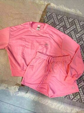 ALO Yoga Bubblegum Pink Cropped Sweatshirt & Drawstring Shorts Set